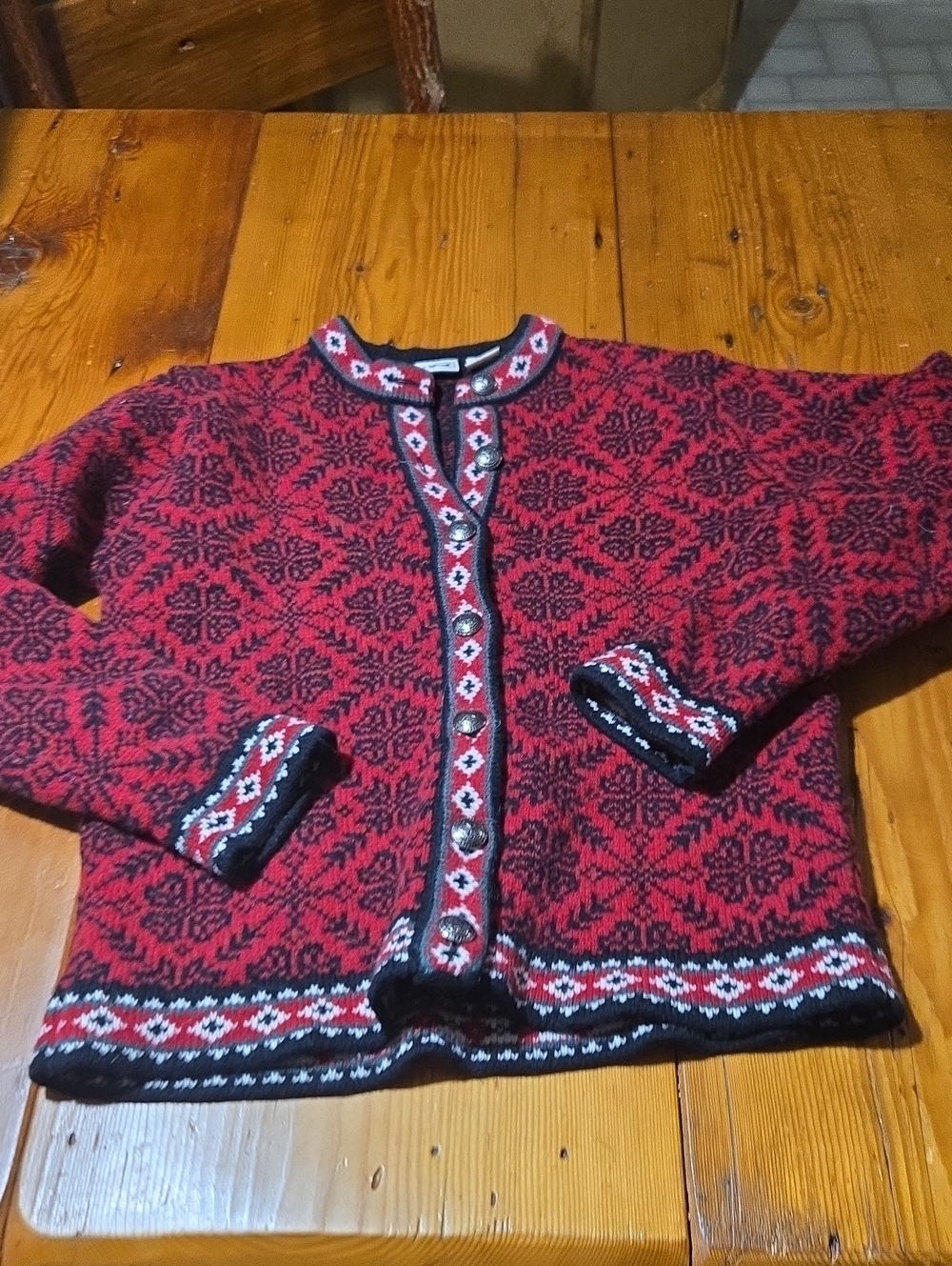L.L. Bean Red Nordic-Patterned Button Cardigan Sz S Lambwool